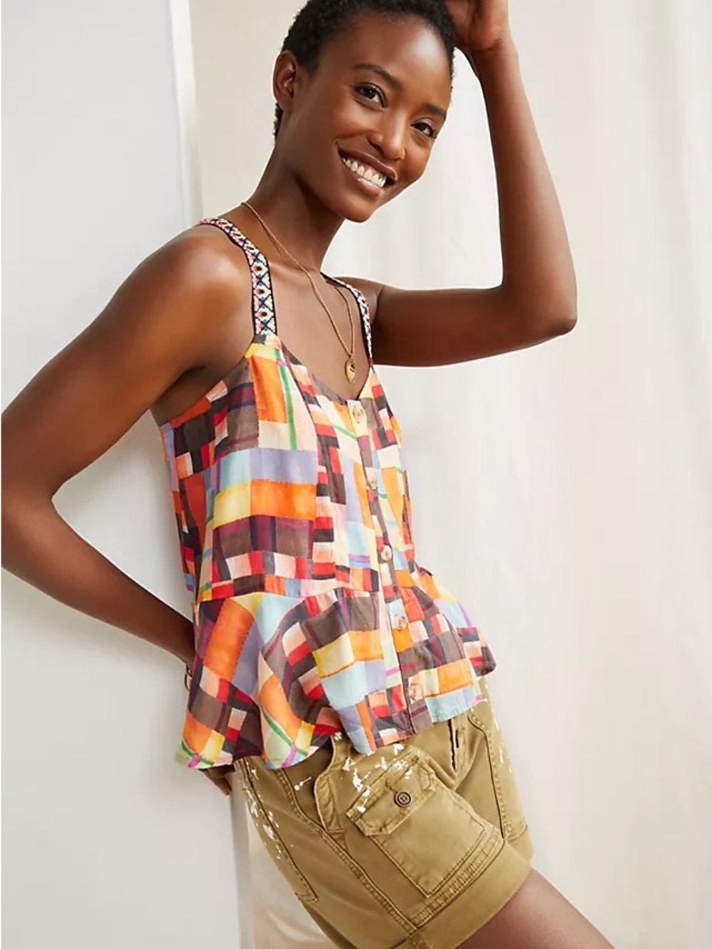 Pilcro Orange Multi Patchwork Camisole with Embroidered Straps